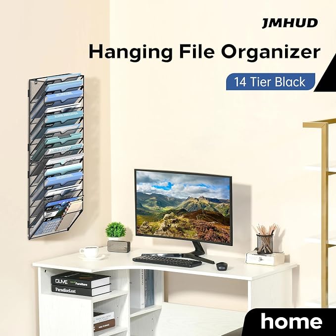14-Tier Wall File Organizer and Hanging File Organizer, Black, 2Pack | Wall Organizer and Wall Mounted File Holder with 14 Pockets and Label Panels for Files, Mail, Folders, Magazines and Paper