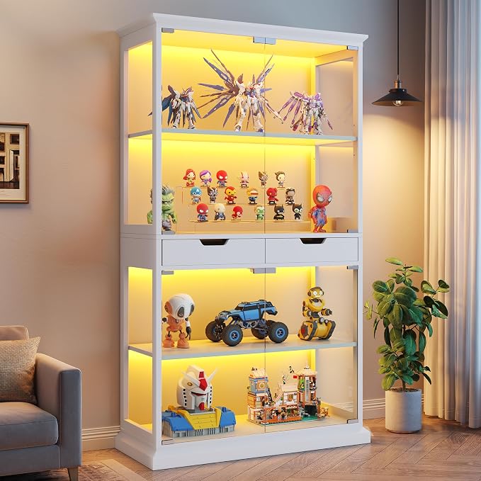 Jocoevol Display Cabinet with Glass Doors, 4-Tier Curio Cabinet with with 2 Drawers for Collectibles, Modern Glass Display Case Human Body Sensor & RGB Lights for Living/Game Room (White)