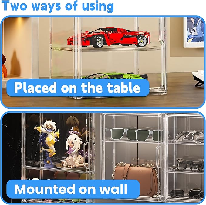 3 Tier Clear Display Case for Figures,Acrylic Storage Organizer Box, 2 Pack | Figure Display Case with 2 Movable Plates, Stackable Display Case with Magnetic Door, Dustproof Showcase for Collectibles