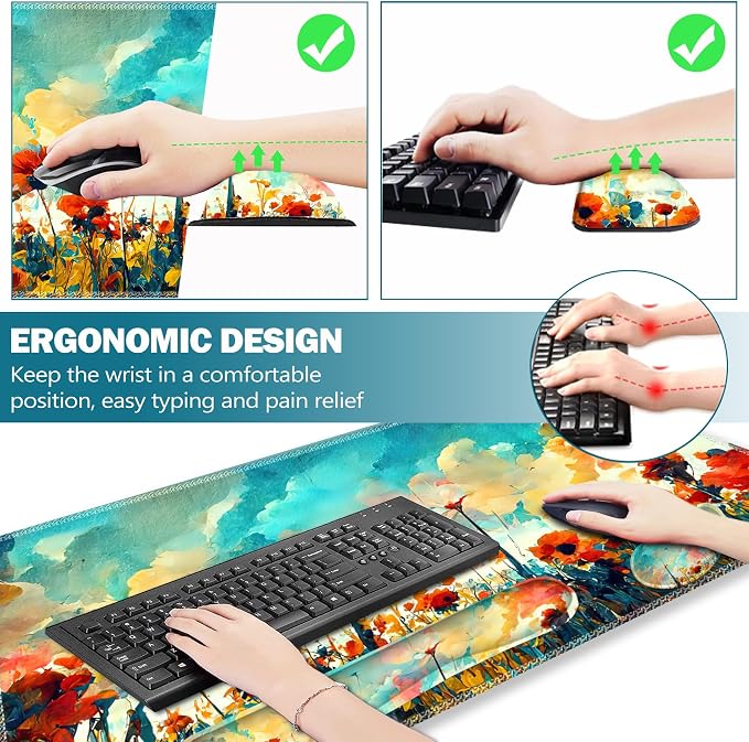 Gaming Mouse Pad Wrist Support Set, XXL Large Desk Mat Mousepad + Keyboard Wrist Support+ Mouse Wrist Rest+Coaster 4in1 Ergonomic, Stitched Edge for Home Office -Oil Painting Flowers Plants