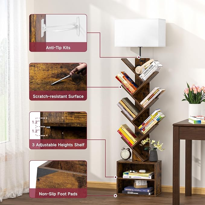 9 Tier Tree Bookshelf with Light, Remote, Timer & Cabinet, Dimmable Modern Tall Floor Standing Corner Book Shelf, Small Narrow Wood Bookcase for Living Room, Bedroom, Office(Rustic Brown)