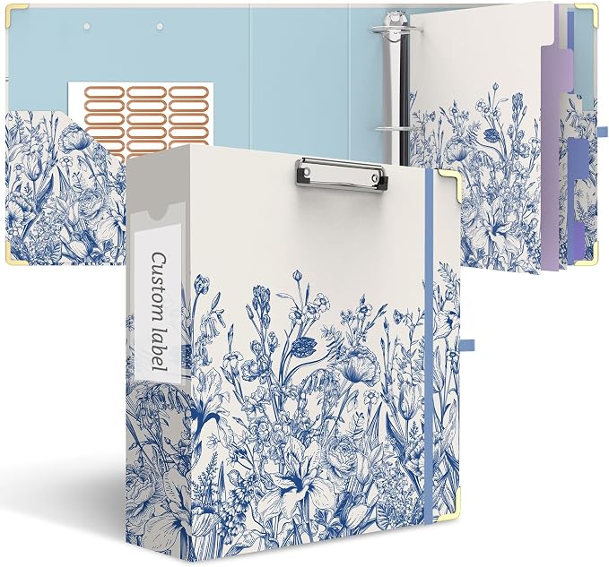 3 Ring Binder 3 Inch, Cute Round Ring Binder with 6 Tab Dividers & Label Stickers, Low Profile Clipboard with Storage, Fashion Binder for School Office Supplies (Vintage Blue Florals)
