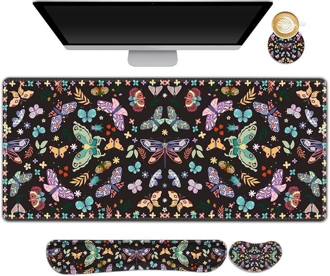 Desk Mat Pad, Gaming Mouse Pad Wrist Support Set, 4 in1 Non-Slip XXL Large Mousepad + Ergonomic Keyboard Wrist Rest+Mouse Wrist Rest+Coaster for Home Office Computer I Colorful Butterfly