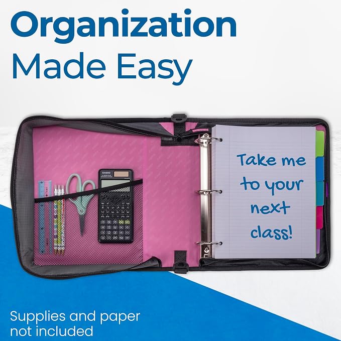 Case-it School Zipper Binder | 2" O-Rings | 350-Sheet | D-251 Light Pink | Classic, Multiple Storage Pockets, Shoulder Strap, School & Office Organizer