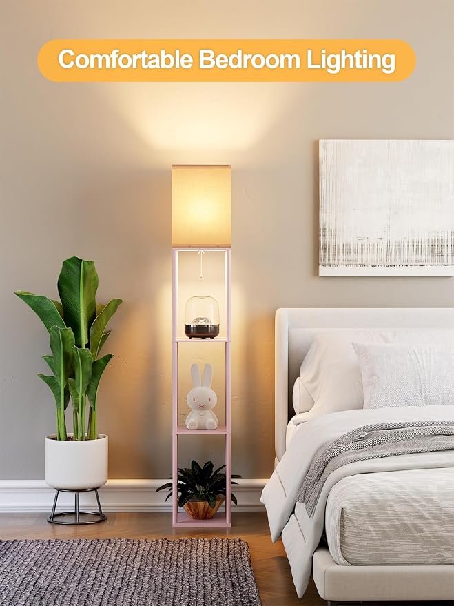 Pink Floor Lamp with Shelves for Living Room, Shelf Floor Lamp with 3 CCT LED Bulb, Corner Display Standing Column Lamp Etagere Organizer Tower Nightstand with White Linen Shade for Bedroom, Office
