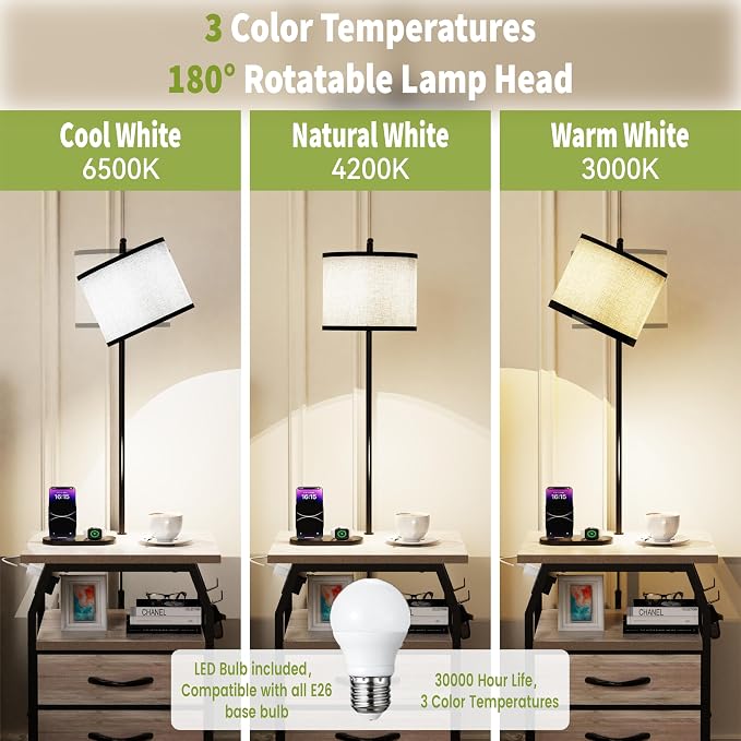 runjuly Floor Lamp with Table Set of 2, End Tables with Lamps Attached 3-Color Temperature Bulb, Side Table with Lamp with 3 Drawers & Charging, Lamps Tables Combo for Bedroom, Dorm Apartment - Greige