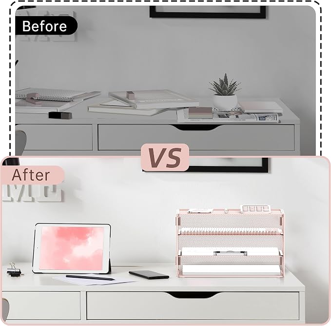DALTACK 3 Tier Letter Tray Paper Organizer with Sliding Mesh Trays Pink | Metal Mesh File Organizer with Sliding Trays for Letter and A4 Paper, Mail, Bills, Folders and Office Documents