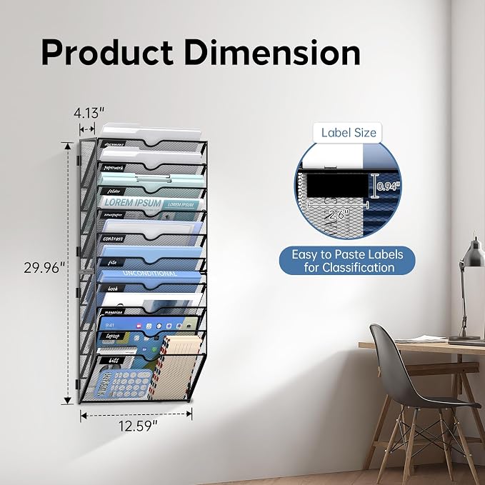 10-Tier Wall File Organizer and Hanging File Organizer, Black, 2Pack | Wall Organizer and Wall Mounted File Holder with 10 Pockets and Label Panels for Files, Mail, Folders, Magazines and Paper