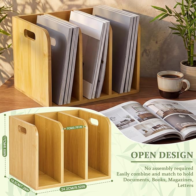Novabright Bamboo Wooden File Magazine with Handle Holder Desk Organizer, 3 Vertical Compartments Workspace Sorters for Cookbook, Binders, Notebooks, Envelopes, Cook Book Organizer