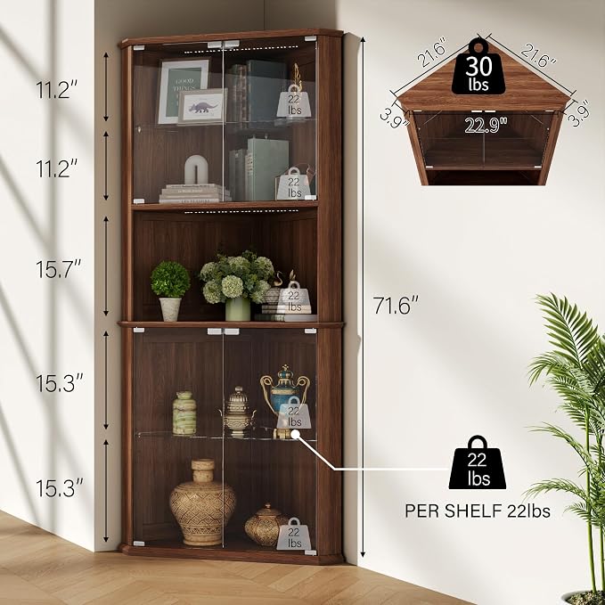 kepptory 72" Corner Curio Cabinet with RGB LED Lights, 6-Tier Glass Display Cabinet with Adjustable Shelves, Lighted Corner Showcase for Collectibles, China, Glassware, Living Room Home Bar