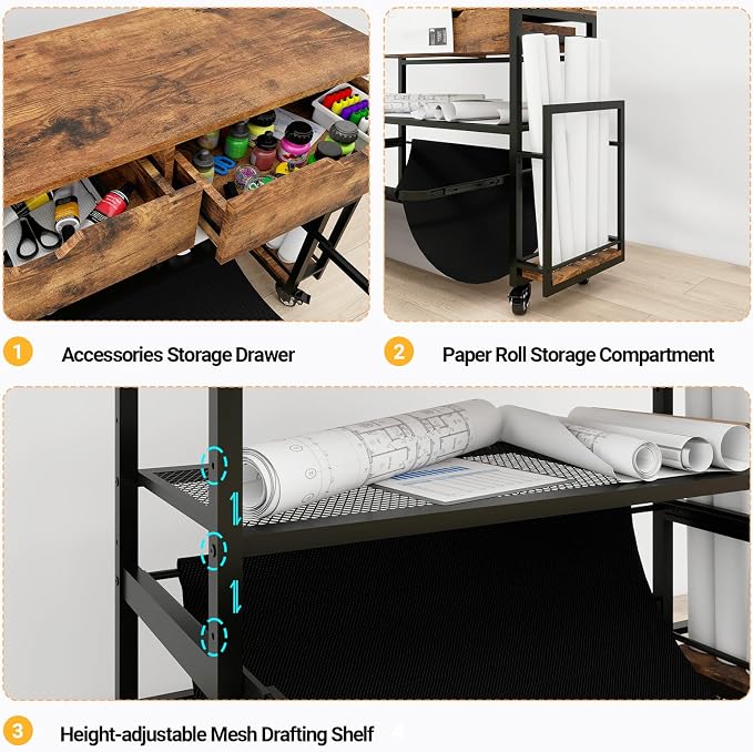 Natwind Wide Format Printer Stand,Plotter Table with Laptop Station,Retro | Plotter/Cutting Machines Stand, with Pull-out Drafting Collection,Roll Paper Holder,Accessory Drawer & Adjustable Shelf