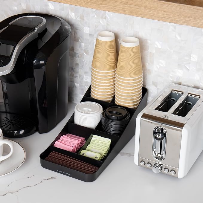 Mind Reader Cup and Condiment Station, Countertop Organizer, Coffee Bar, Kitchen, Stirrers, 7.25" L x 15.5" W x 5.25" H, Black (Pack of 4)