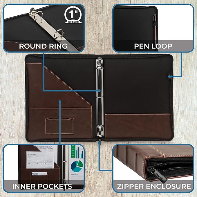 Samsill Vintage Leather Mini 3 Ring Zipper Binder, 1 Inch Round Ring Capacity (Holds 200 Sheets), 5.5 x 8.5 Inch Documents, Notebook Organizer, Planner, Brown with Contrast Stitching