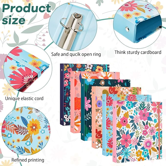 6 Pack Mini Binders 5.5 x 8.5 Three Ring 1 Inch Marble Binder with Elastic Cord Cute Hardcover Marble Binder Floral for School Office Home Photo Album Pages(Floral Style)