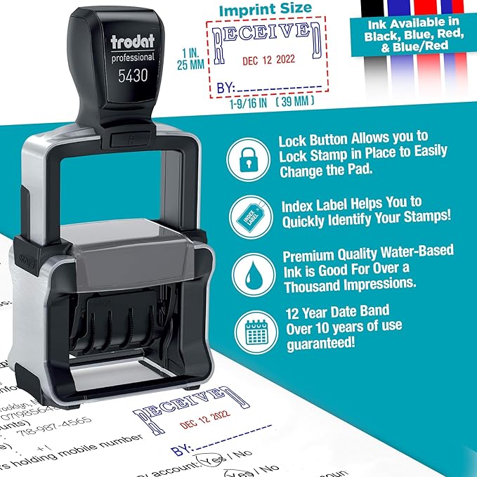 Trodat 5430 Professional Self-Inking Date Stamp with Paid - Blue/Red 2 Color Ink