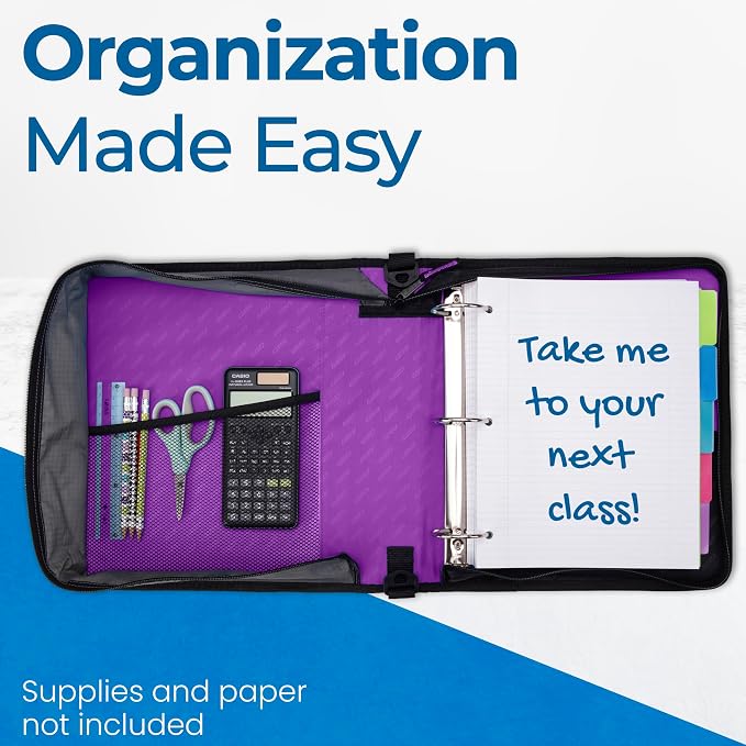 Case-it School Zipper Binder | 2" O-Rings | 350-Sheet | D-251 Deep Purple | Classic, Multiple Storage Pockets, Shoulder Strap, School & Office Organizer