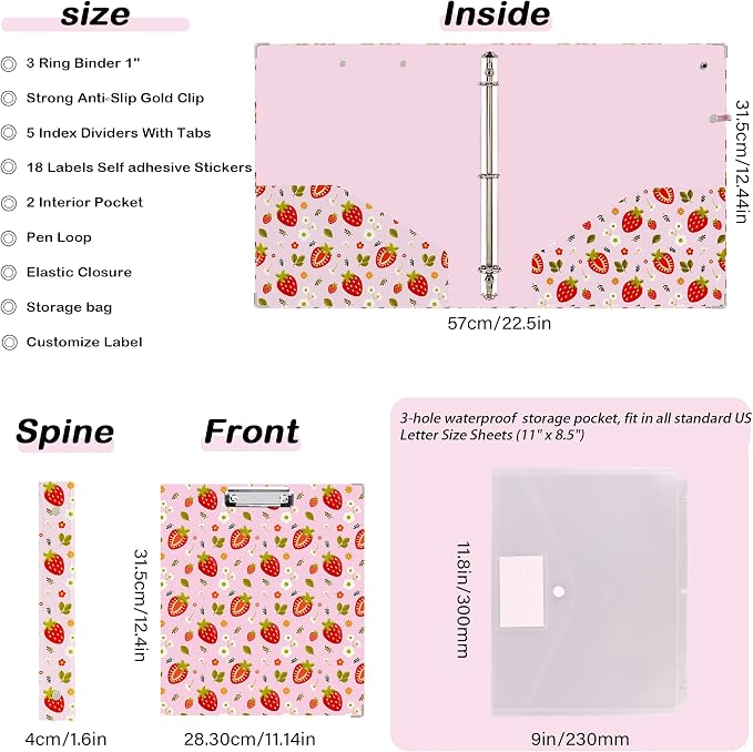 3 Ring Binder 1 inch with Clipboard - Pink Strawberry Design, Includes Dividers, File Bag & Spine Label - Cute and Practical for Students and Organizers, Holographic Waterproof Film