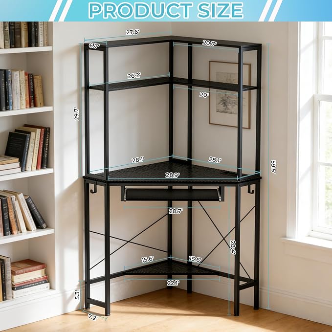 Corner Desk with Hutch and LED Light, Keyboard Tray, Carbon Black