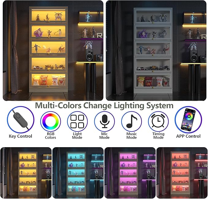 Display Cabinet with Acrylic Glass Doors,5-Tiers Curio Cabinet with LED Lighting for Collectibles, Collectibles Toy Organizers Rack & Display Shelf Display Case Storage Cabinet, White