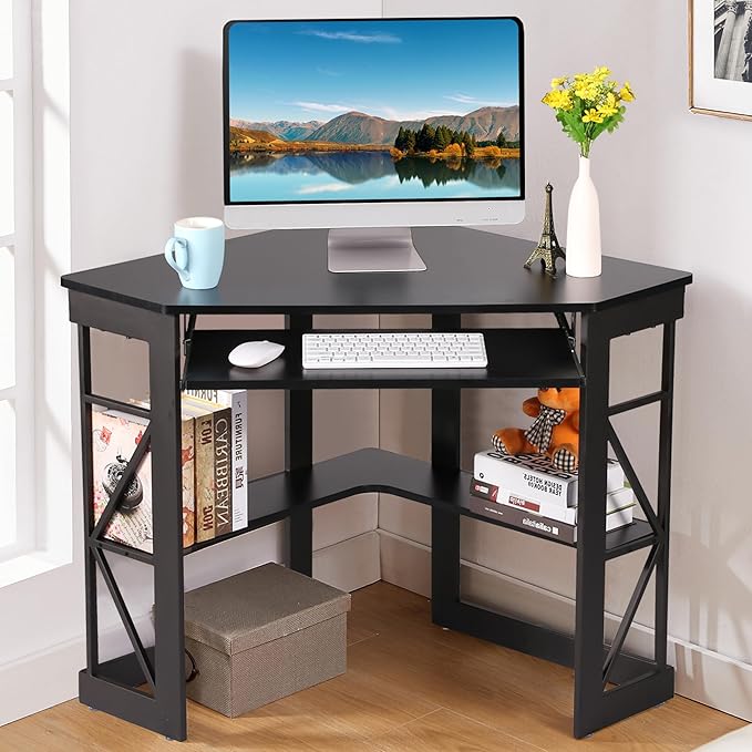 VECELO Corner Desk Computer Desk Writing Table with Smooth Keyboard Tray & Storage Shelves,Compact Home Office Triangle Table,Black