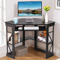 VECELO Corner Desk Computer Desk Writing Table with Smooth Keyboard Tray & Storage Shelves,Compact Home Office Triangle Table,Black