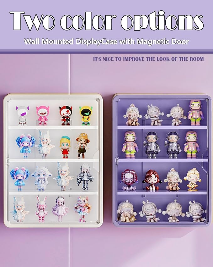 Wall Mounted Display Case for Figures, 15.75" High, Shadow Box with Shelves | Hanging Trinket Display Shelf for Collectibles Action Doll Blindboxes Storage, 4-Layer Purple Shelf with Magnetic Door 1 Pack