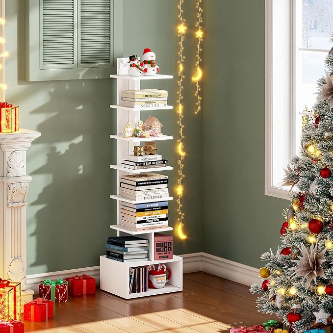 TUTOTAK Book Shelf, Narrow Spine Bookshelf, 8-Tier Bookcase for Small Space | 10.4 x 11.8 x 47.5 Inches Vertical Freestanding Corner Shelf for Living Room, Office, Study, Entryway, White BS07BW008