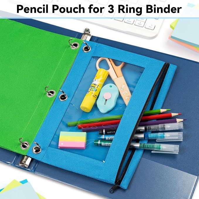 288 Pack Bulk 3-Holes Zipper Pencil Pouches for 3 Ring Binder | Sturdy Cloth Pencil Case, Durable, Clear Window, Office, School and College Supplies