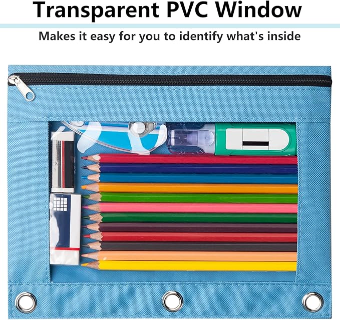 Forvencer 10 Pack Pocket for 3 Ring Binder, Large Pencil Case Pouch | 3 Reinforced Grommets, Pen Bag, Clear Window Pencil Case, Binder Accessories