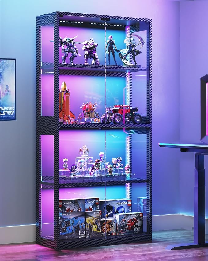 AODK Display Cabinet with Glass Door & RGB LED Lights, 4-Tier Display Case | Glass Display Shelf for Storage, Curio Cabinet for Collectibles & Showcase, Living Room