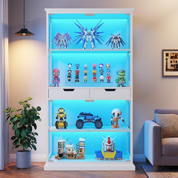 Jocoevol Display Cabinet with Glass Doors, 4-Tier Curio Cabinet with with 2 Drawers for Collectibles, Modern Glass Display Case Human Body Sensor & RGB Lights for Living/Game Room (White)