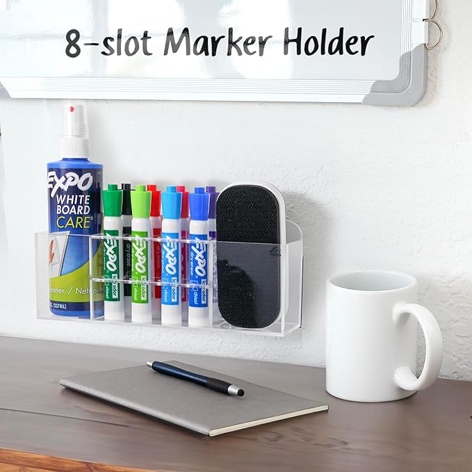 Strong magnetic dry-erase whiteboard holder, 8-slot acrylic pen organizer with glass and wall mounting hardware for refrigerator, office, and classroom. Markers, Eraser, Cleaner Not Included (Clear)
