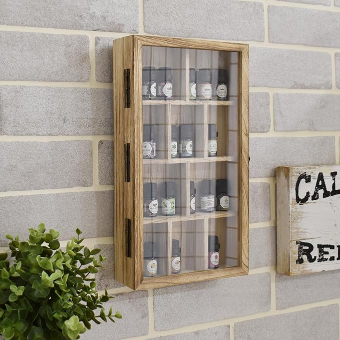 Ikee Design Wall-Mounted Wooden Display Case with Glass Top, 10 Slots | 10-SLOT DISPLAY CASE: Oak wood wall cabinet with hinged tempered glass top for mini figures, collectibles and oils.