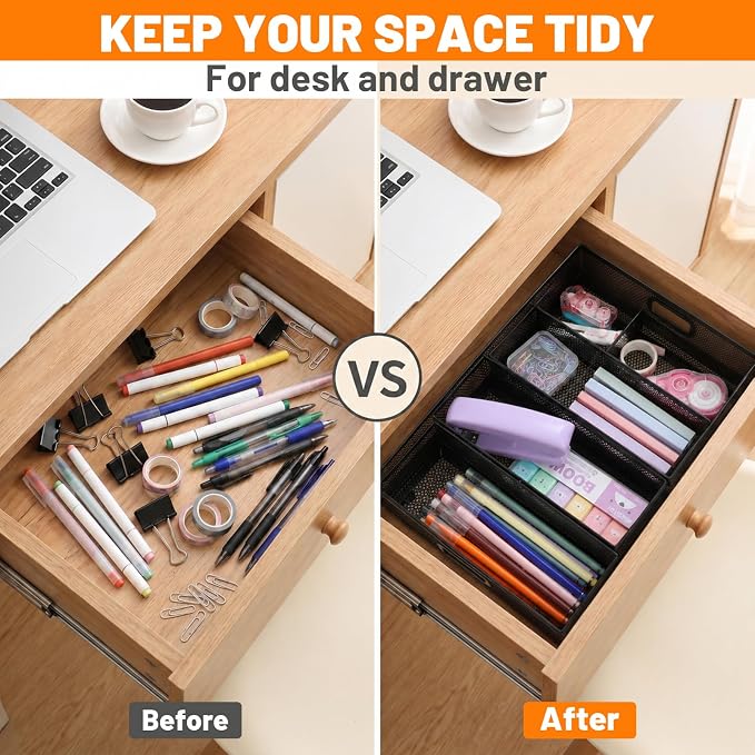 5 Pack Desk Drawer Organizer Tray Set - Stackable Metal Mesh Desk Drawer Organizers and Accessories, for Office Supplies Storage(Black)