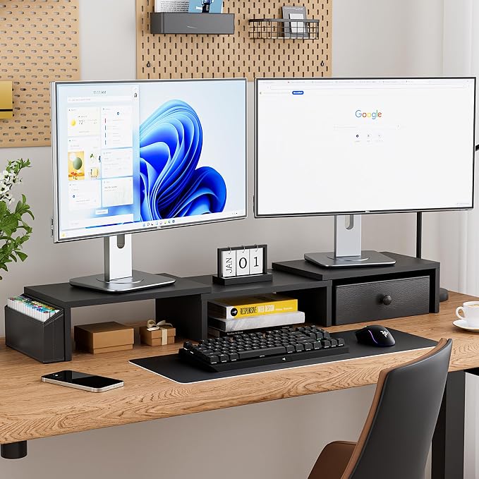 Dual Monitor Stand Riser, Adjustable Length & Swivel Angle Monitor Stand, Ergonomic Monitor Stand with Drawer & Side Pockets, Desktop Organizer and Office Desk Accessories, Black
