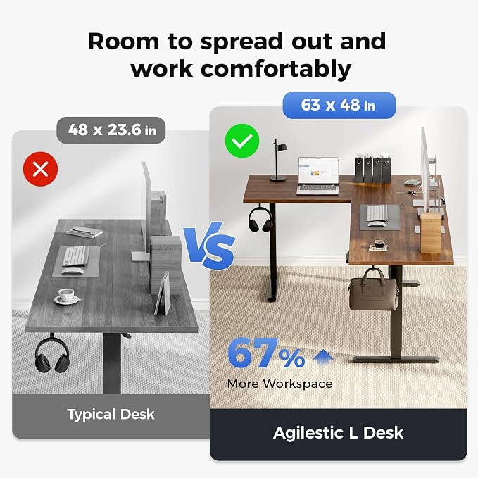 Agilestic 63 x 48 Inch L Shaped Standing Desk with Powerstrip, Dark Walnut | Outlets, Cable Management, Corner Desk, Ample Workspace, Memory Presets, Hooks, Stable Steel Frame,176 lbs, Splice Board