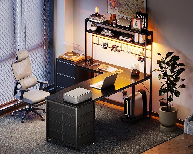 AODK L Shaped Desk Gaming Desk with LED Light & Power Outlet | 59 Inch Black Reversible L Shaped Computer Table with 4 Drawers for Home Office