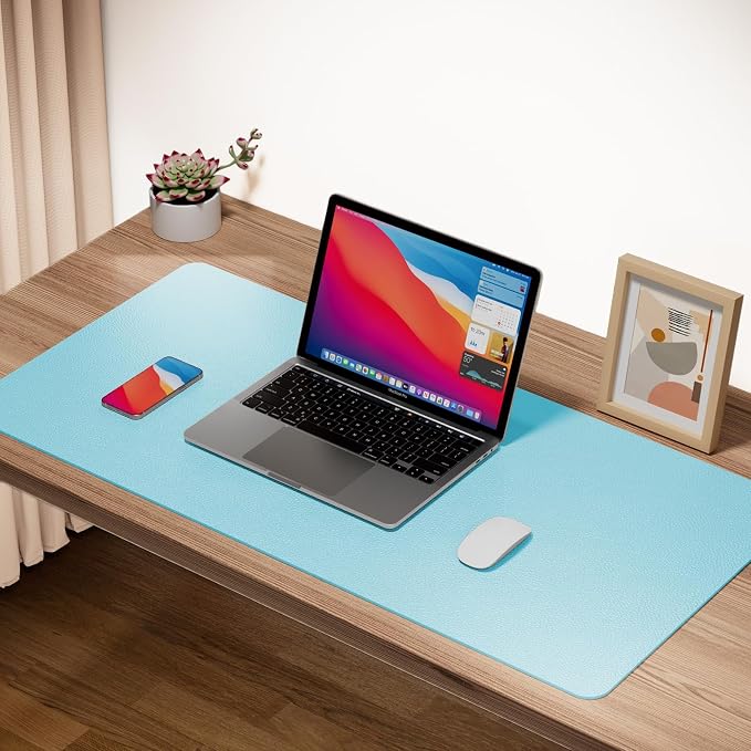 Boutilon Leather Desk Pad Protector,Non-Slip Mouse Pad,Laptop Desk Pad,Office Mouse Mat,Waterproof Leather Desk Blotter,Desk Writing Pad for Office and Home (M-Light Blue,30"x14")