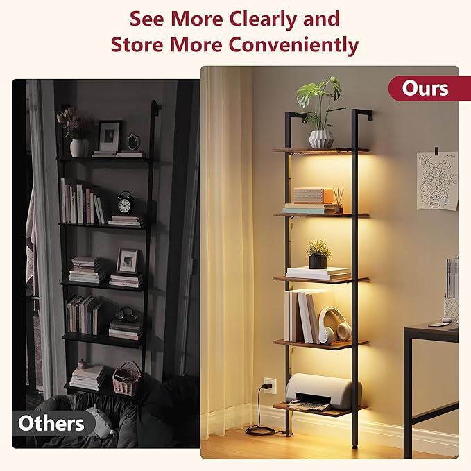 5 Tier Ladder Bookshelf with Light, Wall Ladder Shelf Rustic Brown