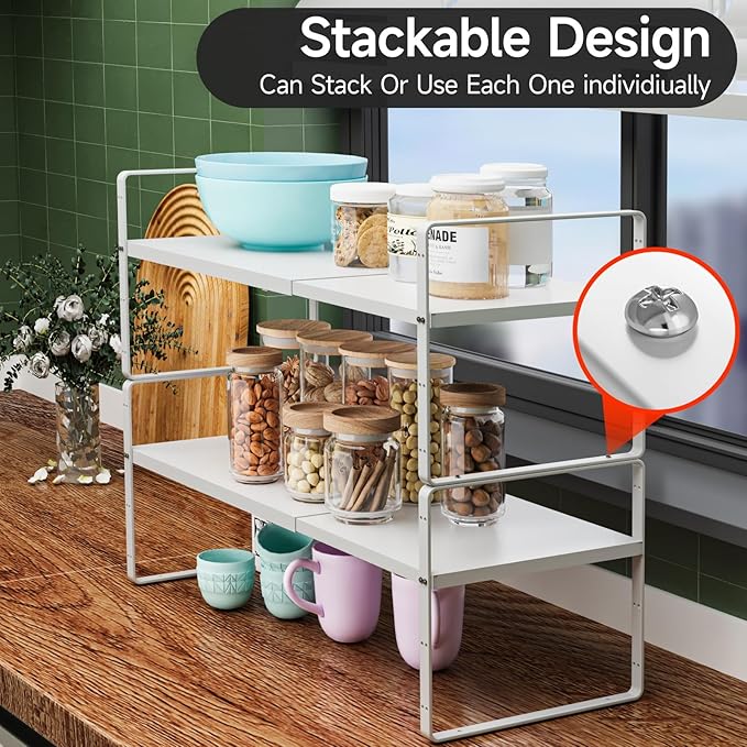 jkxoo 16.5-27’’L Expandable Kitchen Shelf Organizer, Stackable Shelves Organizer, Adjustable Height Pantry Spice Rack for Cabinet, Countertop, Pantry and Cupboard, White