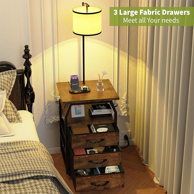 runjuly Floor Lamp with Table Set of 2, End Tables with Lamps Attached 3-Color Temperature Bulb, Side Table with Lamp with 3 Drawers & Charging, Lamps Tables Combo for Bedroom, Dorm - Rustic Brown