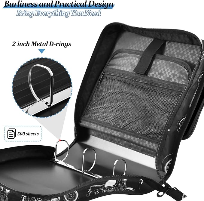 Fisyme Black White Motorcycles Zipper Binder 3 Ring with Zipper and Shoulder Strap Large Capacity Multi-Pocket Binder Organizer