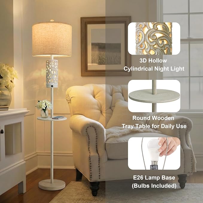Dimmable Farmhouse Floor Lamp for Living Room, 2-in-1 Rustic Floor Lamp with Main&Night Light,Linen Shade&Dual Switches, 65" Standing Lamp for Bedroom Office Corner Dining Room, Wood Pole Lamp