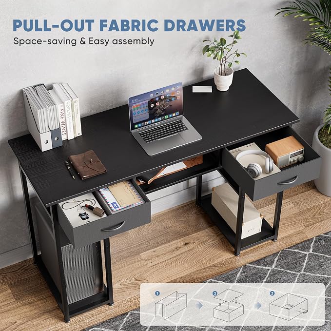 DUMOS 48-Inch Computer Desk with Drawers and Hook, Black | Home Office Desk for Bedroom, Gaming Writing Study Desk with Adjustable Feet