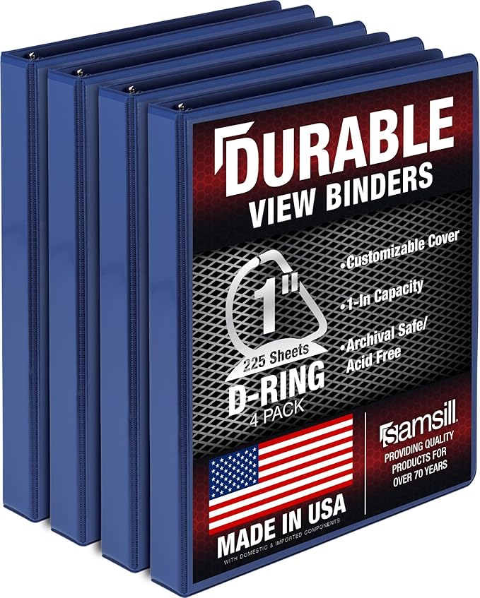 Samsill Durable 1 inch 3 Ring Binder, D Ring Binder, 100% Recycled Chipboard, Blue, 4 Pack