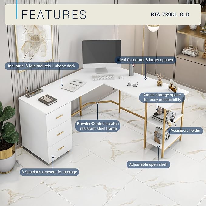 Techni Mobili 59" Two-Tone L‑Shaped Office Desk with Storage Shelves, Gold | 59" two‑tone L‑shaped desk with storage shelves, durable frame, modern corner workstation, spacious home office writing space