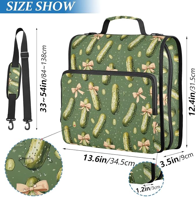 Aslsiy Zipper Binder Bag for Girls Boys Pink Bows Pickle Cucumber (11) 1.5 inch 3-Ring Binder Organizer with Shoulder Strap for School Office Supplies