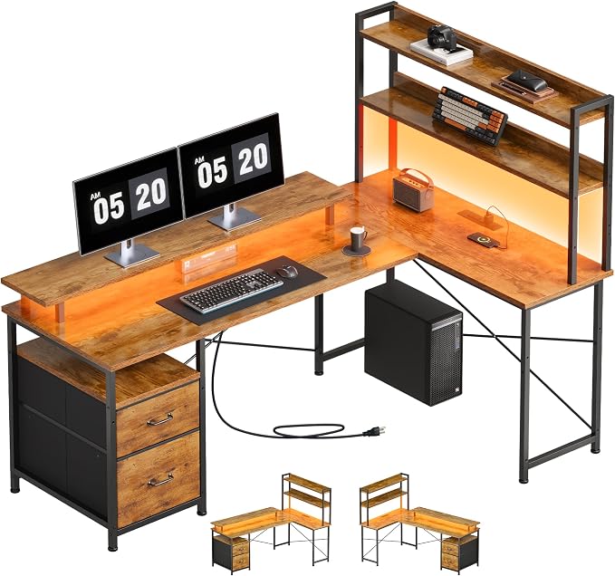 L Shaped Gaming Desk, Reversible with LED Lights, Shelves, Brown | Reversible, LED lights, Charging, Monitor stand