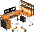 L Shaped Gaming Desk, Reversible with LED Lights, Shelves, Brown | Reversible, LED lights, Charging, Monitor stand