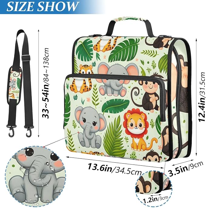 3 Ring Zipper Binder with Shoulder Strap Jungle Animals Palm Leaf 2 Inch Zippered Binder Bag 500 Sheet Capacity Multi Pockets for School Supplies